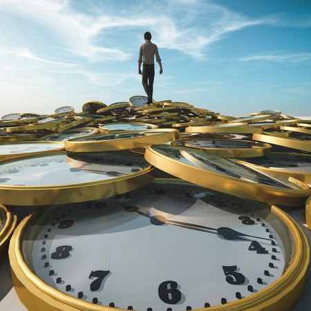 Man walking on a pile of watches. This is a 3d render illustration.