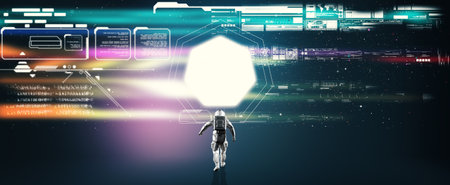 Astronaut on a futuristic background . Sci fi colorful data information .