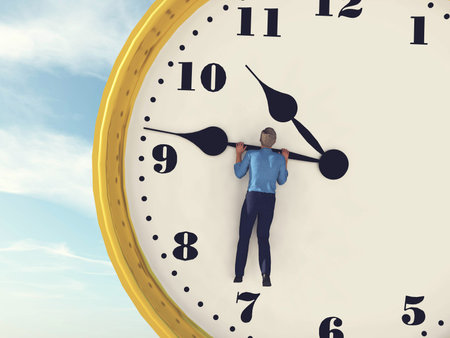 Man hanging on a clock . Running out of time and stress concept . This is a 3d render illustration .の写真素材