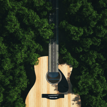 Aerial view of a guitar as a highway in the forest leading  . This is a 3d render illustration .