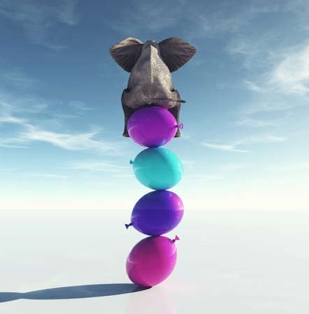 Elephant sitting on a balloon stack .  This is a 3d render illustration .