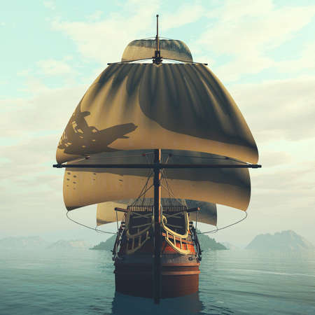 Old battleship fleet in the sea . This is a 3d render illustration.