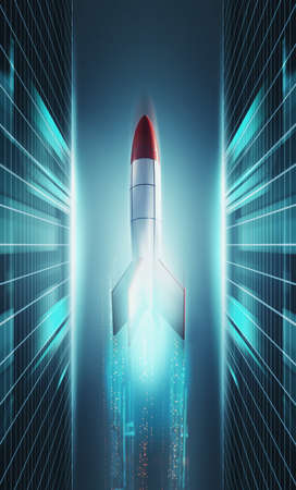 Rocket missle flying up server room . Innovation and futuristic concept . This is a 3d render...