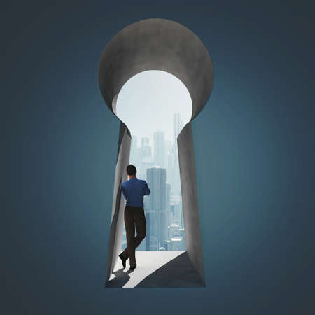 Businessman in a keyhole to a city . This is a 3d render illustration .の写真素材