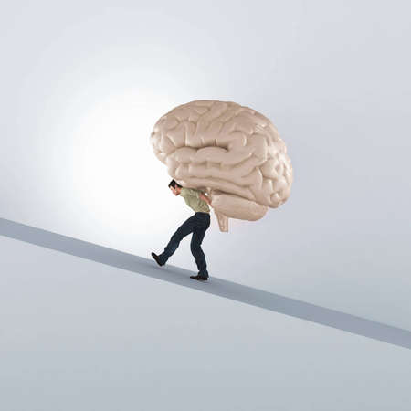 Man carries a human brain . This is a 3d render illustration .