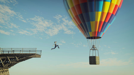 Man jumping from a broken bridge to a hot air balloon . Taking risk and overcome problems . This is...
