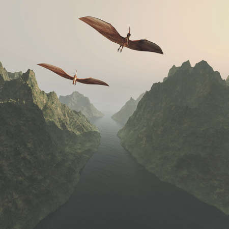 Pterodactyl flying above lake and mountains . This is a 3d render illustration .の写真素材