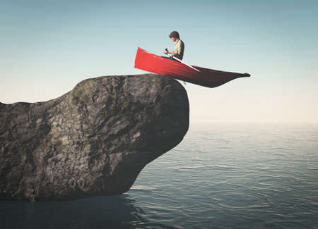 Man in a boat on a rock falling in the ocean . This is a 3d render illustration .の写真素材