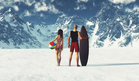Couple in summer cloths at snowy mountains . Climate change concept . This is a 3d render...