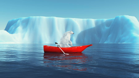 Polar bear in a boat and an iceberg. This is a 3d render illustration .の写真素材
