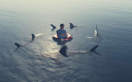 Man surrounded by sharks in the ocean . This is a 3d render illustration .の写真素材