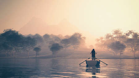 Traveler in a boat at lake to the mountains . This is a 3d render illustration .の写真素材