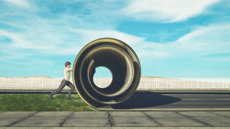 Man rolling up the highway . Rebranding concept . This is a 3d render illustration .の写真素材