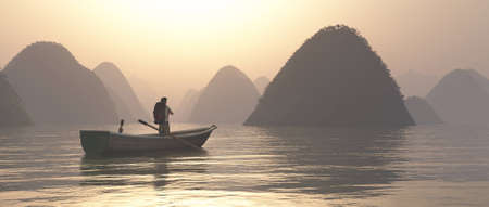 Traveler in a boat on lake at mountains during sunset . This is a 3d render illustration .の写真素材