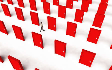 Top view of a man walking between multiple doors . Different choices and decision making concept . This is a 3d render illustration .の写真素材
