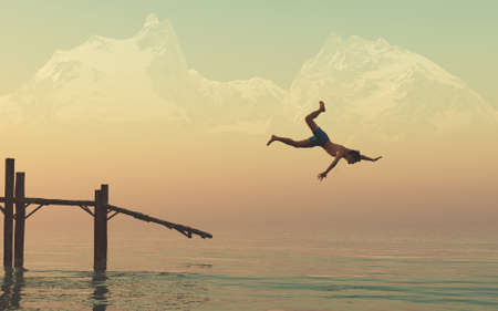 Man jumping from a wooden deci into the lake at mountains . This is a 3d render illustration .の写真素材