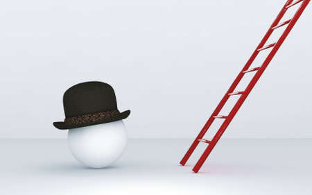 White sphere with a hat looks up at a ladder . Aspiration and motivation concept . This is a 3d render illustration .の写真素材