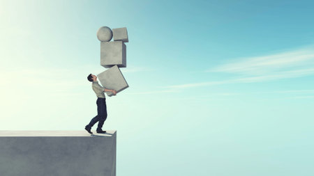 Man carry multiple objects on a edge . Bankruptcy and risk concept . This is a 3d render illustration .の写真素材