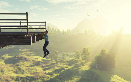 Man hanging on a broken bridge . This is a 3d render illustration .