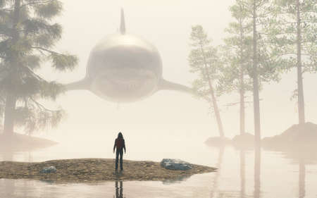 Man at a misty lake looks at a shark in the sky . Anxiety and fear concept . This is a 3d render illustration .の写真素材