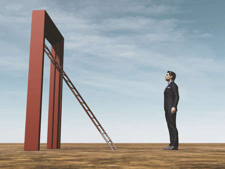 Businessman looks to ladder through the door . This is a 3d render illustration .の写真素材