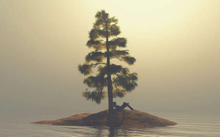 Man leaning on a tree on a small island in a lake . This is a 3d render illustration .の写真素材