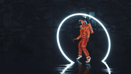 Astronaut dancing through a neon portal . This is a 3d render illustration .の写真素材