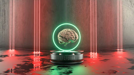 Futuristic room with colorful neon lights and a human brain . artificial intelligence concept . This is a 3d render illustration .の写真素材