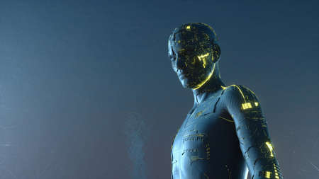 Futuristic robot with  glowing  circuits . Cyberspace and  technology concept .This is a 3D Illustration.の写真素材