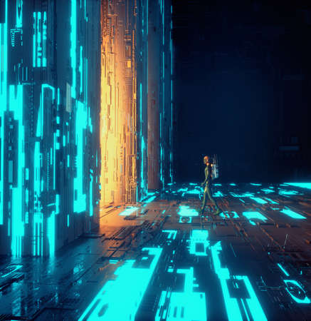 Futuristic cityscape with neon lights and a robot . Sci fi and fantasy concept . This is a 3d render illustration .の写真素材