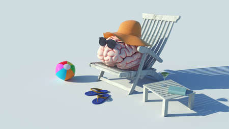 Human brain relaxing on chair wearing a hat and sunglasses . Mental health and stress free concept . This is a 3d render illustration .の写真素材