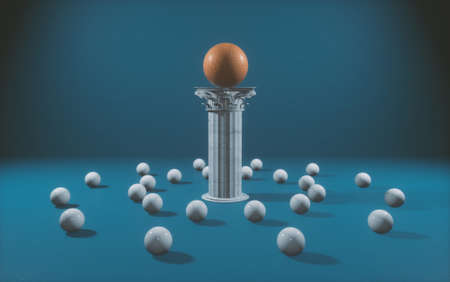 Different sphere standing on column above the crowd . Leadership concept . This is a 3d render...