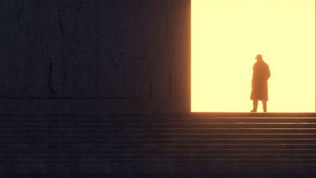 Men on top of stairway to a gate . Opportunity and future concept . This is a 3d render illustration .の写真素材