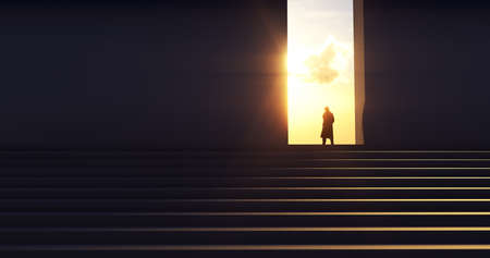 Men on top of stairway to a gate . Opportunity and future concept . This is a 3d render illustration .の写真素材