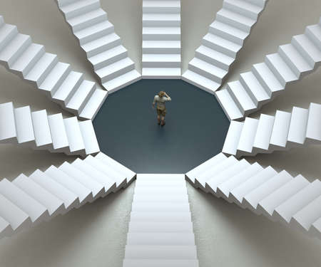 Confused man in center of many staircases . Decision making and different options concept . This is a 3d render illustration .の写真素材
