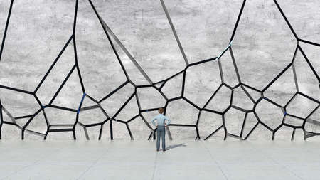 Man standing in front of collapsing wall . Rebranding and failure concept . This is a 3d render illustration .の写真素材