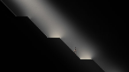 Man climbs up on stairs . Self development and rising up concept . This is a 3d render illustration .の写真素材