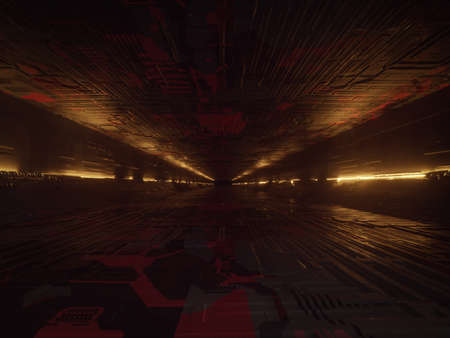 Sci fi dark tunnel . Futuristic and fantasy concept . This is a 3d render illustration .