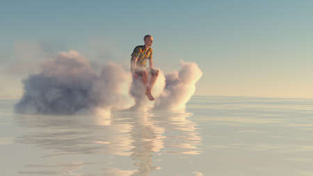 Man sitting on a cloud in the ocean . Dreaming and journey concept . This is a 3d render illustration .の写真素材