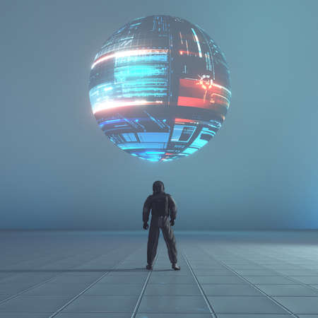 Astronaut looks at futuristic screens . This is a 3d render illustration .の写真素材