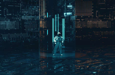 Astronaut looks at futuristic screens in a dark sci fi background . This is a 3d render illustration .の写真素材