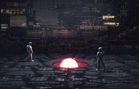 Astronaut  in a dark sci fi background . This is a 3d render illustration .の写真素材