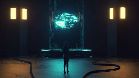 Dark room with neon lights and a futuristic machine . Technology development and research concept . This is a 3d render illustration .の写真素材