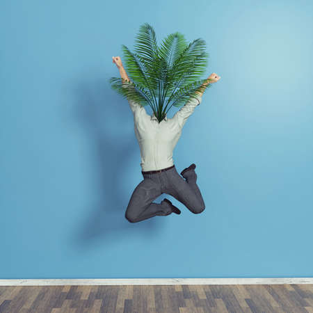 Man jumps with a plant instead of head . Promotion and positive mindset concept . This is a 3d...