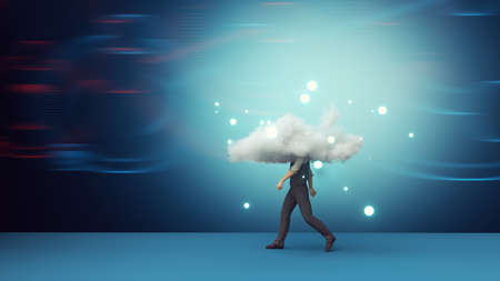 Businessman walking with a cloud . Futuristic technology and innovation concept . This is a 3d...