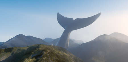 Whale in the mountains . Impossible and creative concept . This is a 3d render illustration .