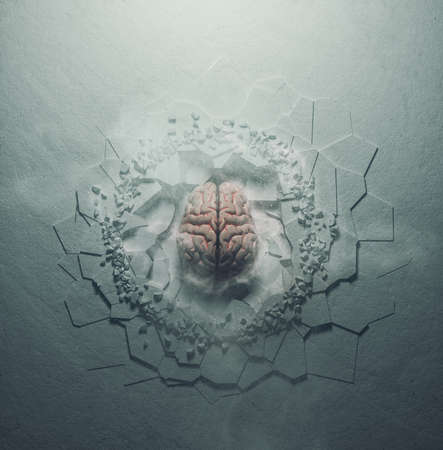 Human brain on a cracked ground . Self development and brain health concept . This is a 3d render illustration .の写真素材