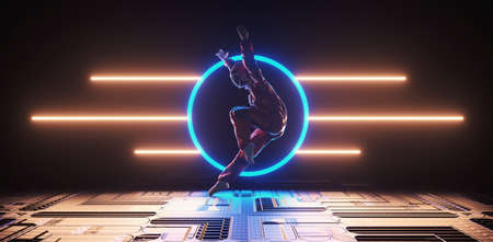 Astronaut dances with neon lights behind . Virtual reality and futuristic sci fi concept . This is a...