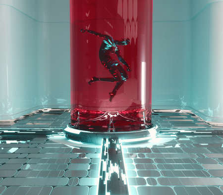 Man inside a glass cylinder in a futuristic lab . Virtual reality and artificial intelligence...