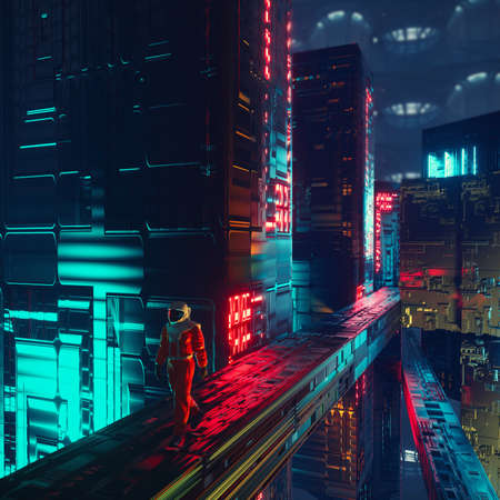 Astronaut walks on structure in a futuristic city . Dystopian and science fiction concept . This is...